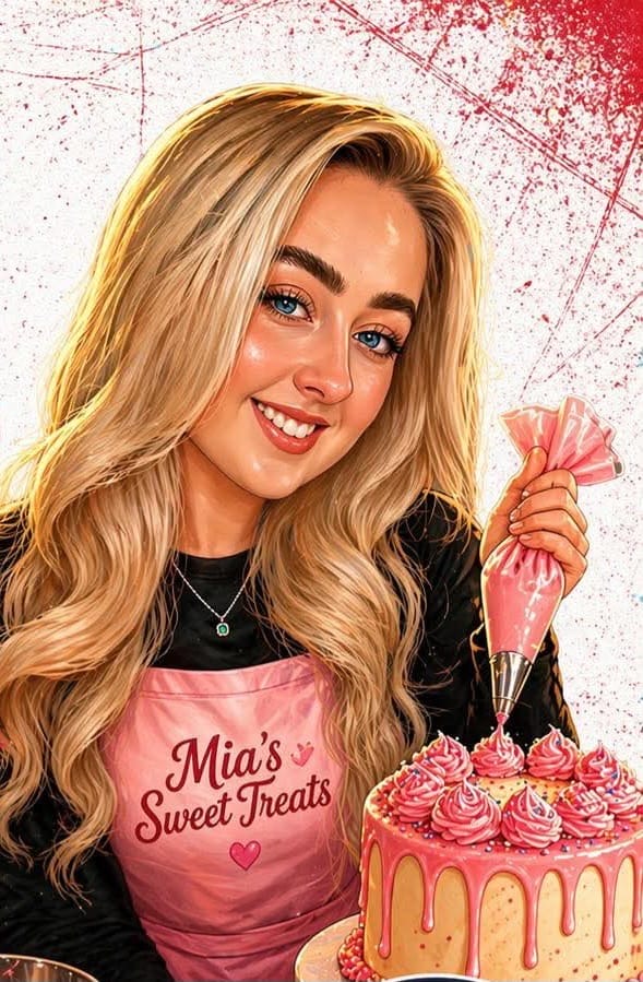 Mia holding a pink piping bag, wearing her Mia’s Sweet Treats apron