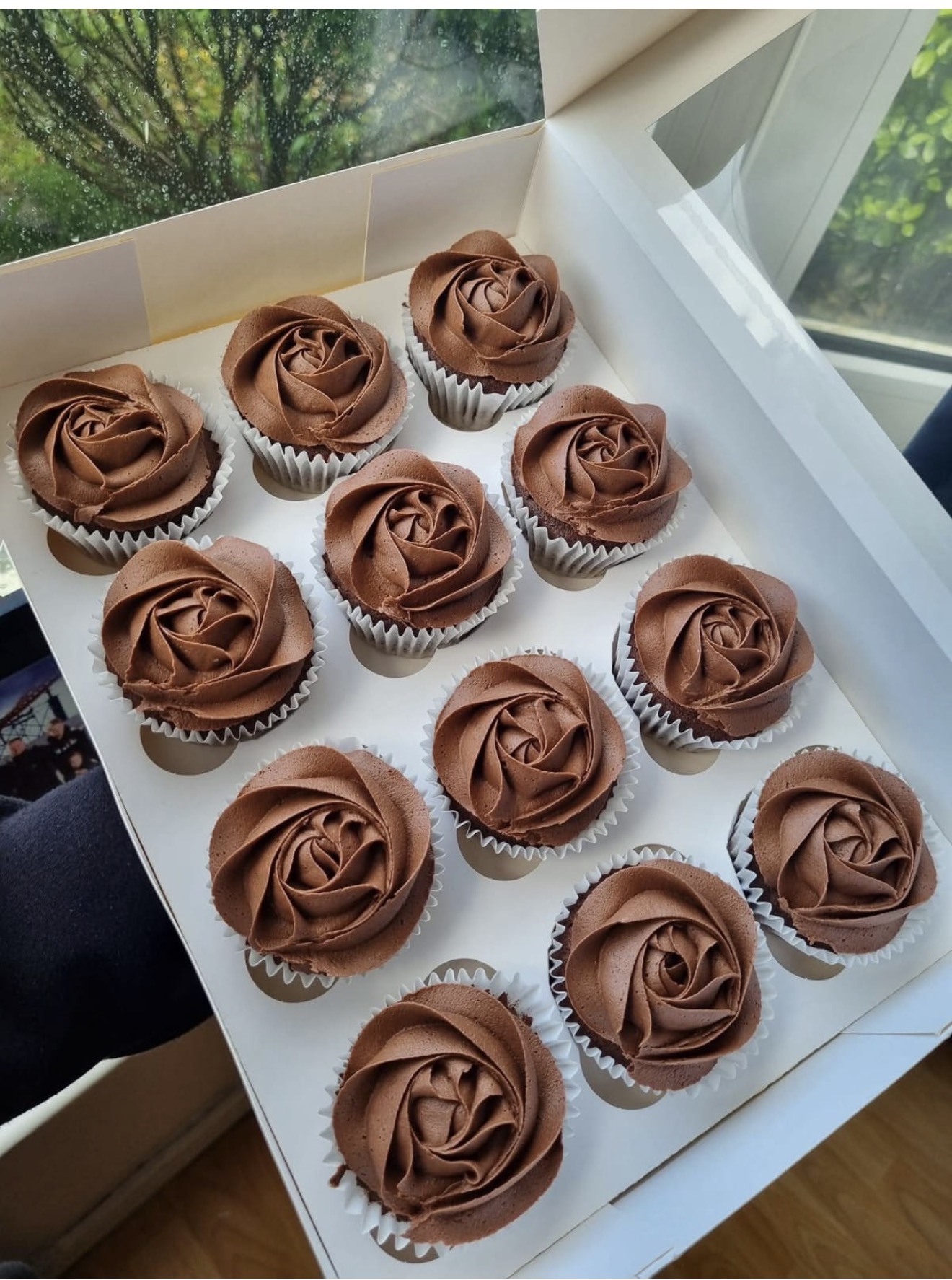 Chocolate cupcakes with chocolate rose piping